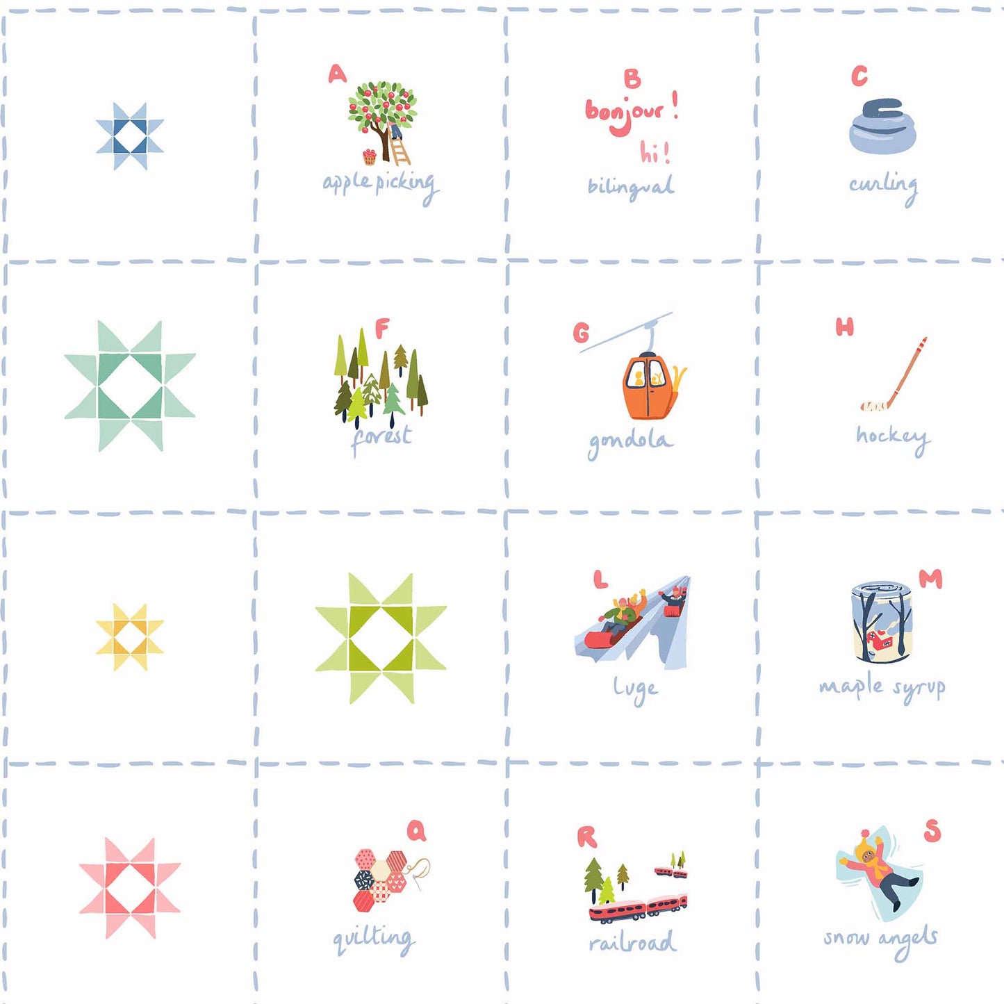 Grid with various icons and letters on a white background