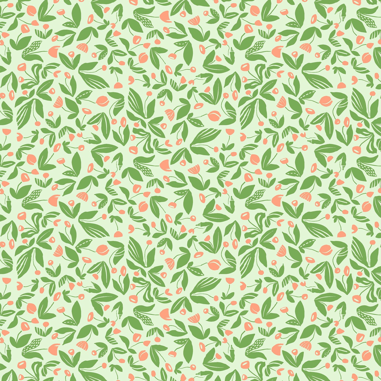 little illustrated flowers on stems with leaves in green and coral on a light blue-green ground, printed on fabric