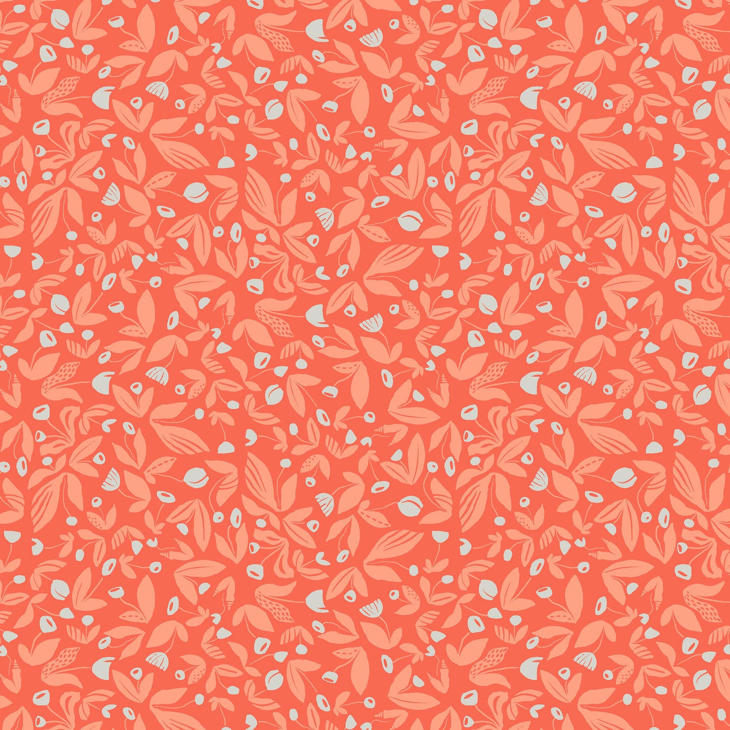 little coral stems and leaves with ice blue flowers on a red ground, printed on fabric
