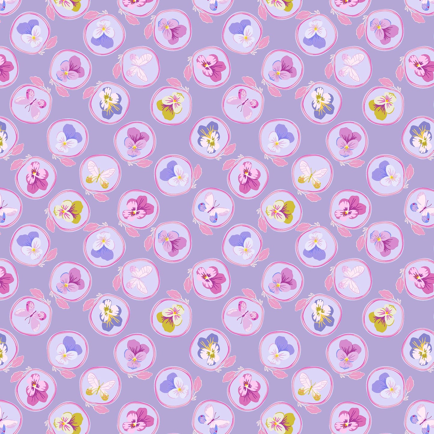 little illustrated pansies in violet, lavender and olive, each within a ring with a leaf on a medium-light purple ground, printed on fabric