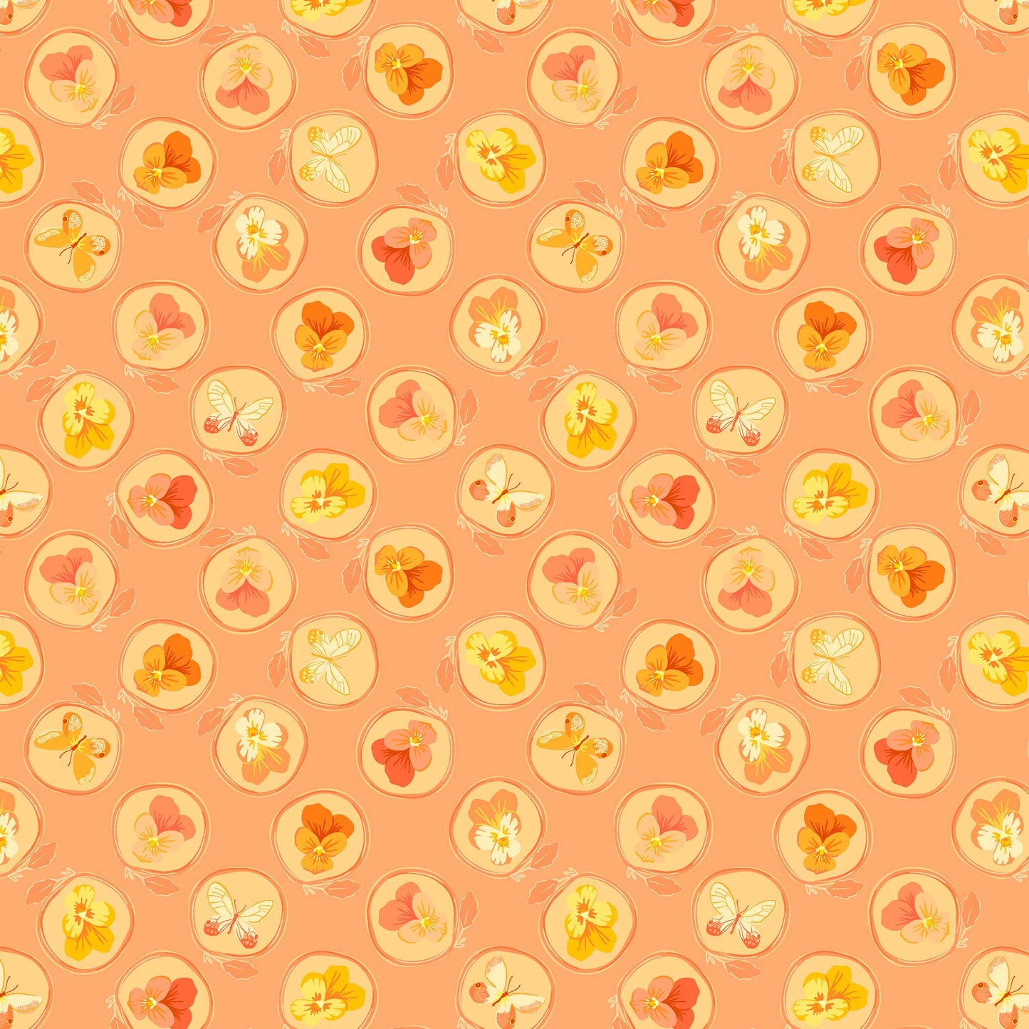 little illustrated pansies in yellows, cream and coral, each within a ring with a leaf on a soft peach ground, printed on fabric