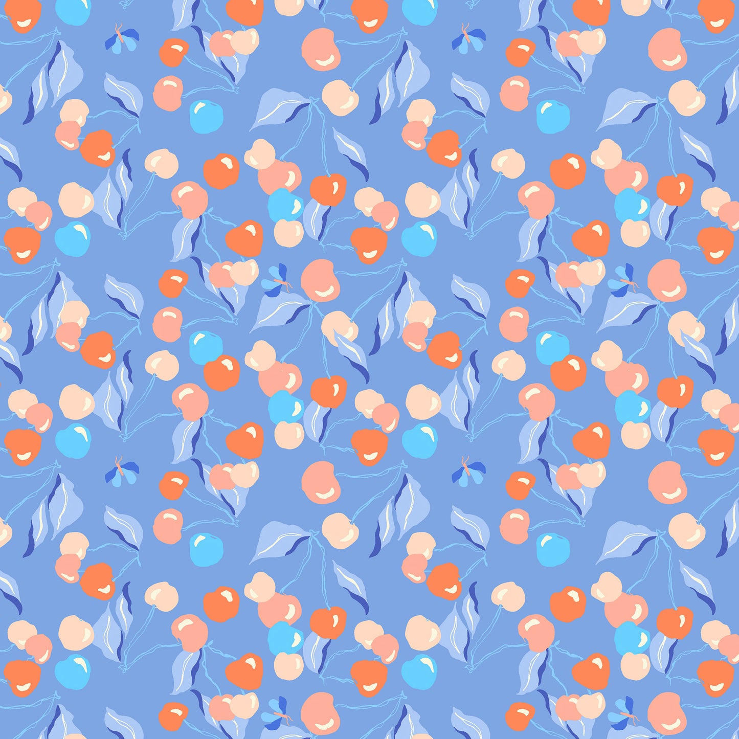cherries and leaves in pinks, coral and blue on a sky blue ground, printed on fabric