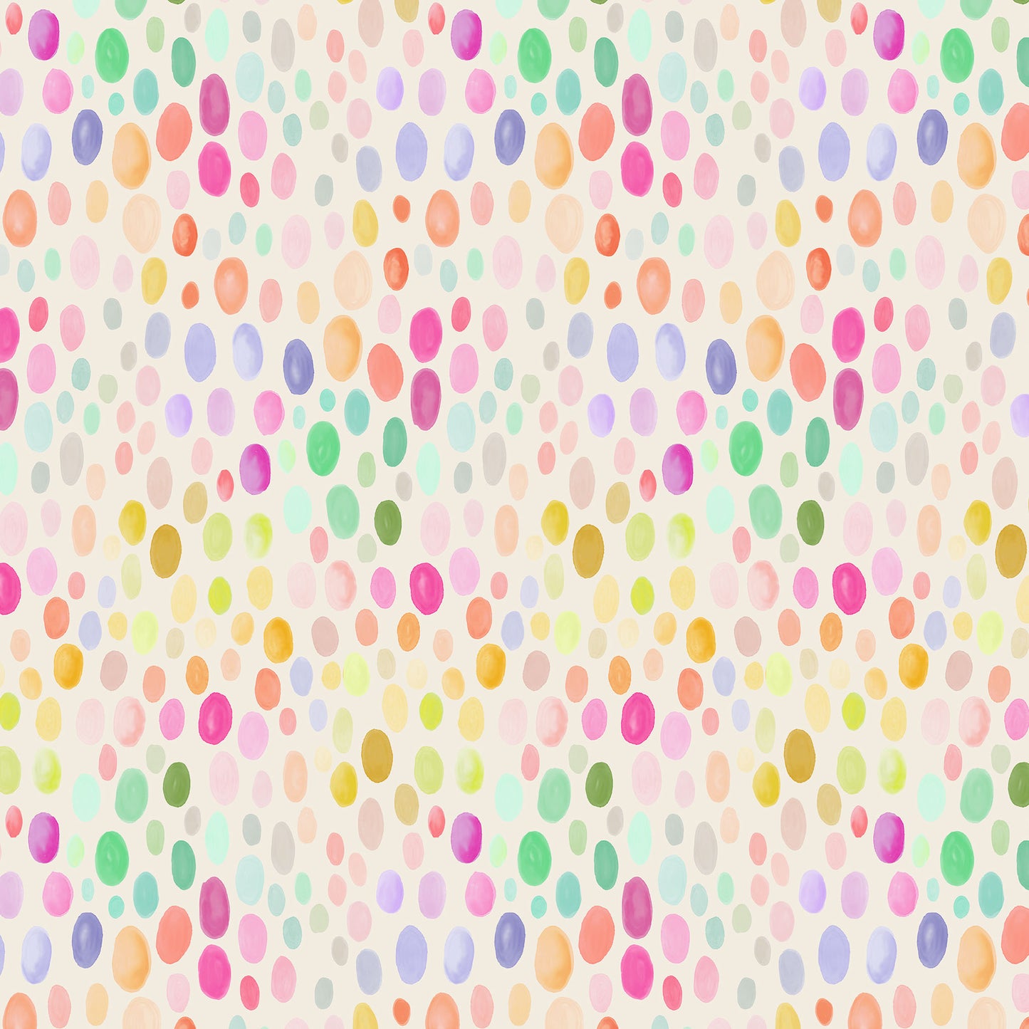 playful watercolour oval dots in a rainbow of colours on a creamy white ground, printed on fabric