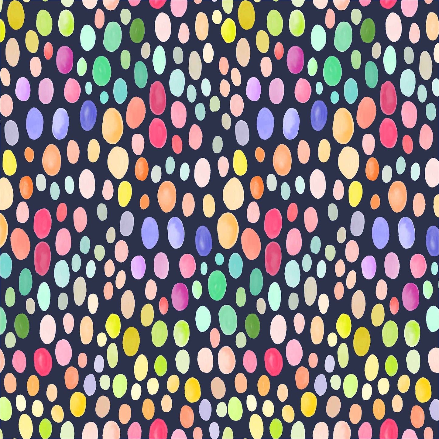 fabric of multicoloured ovals on a very dark blue ground
