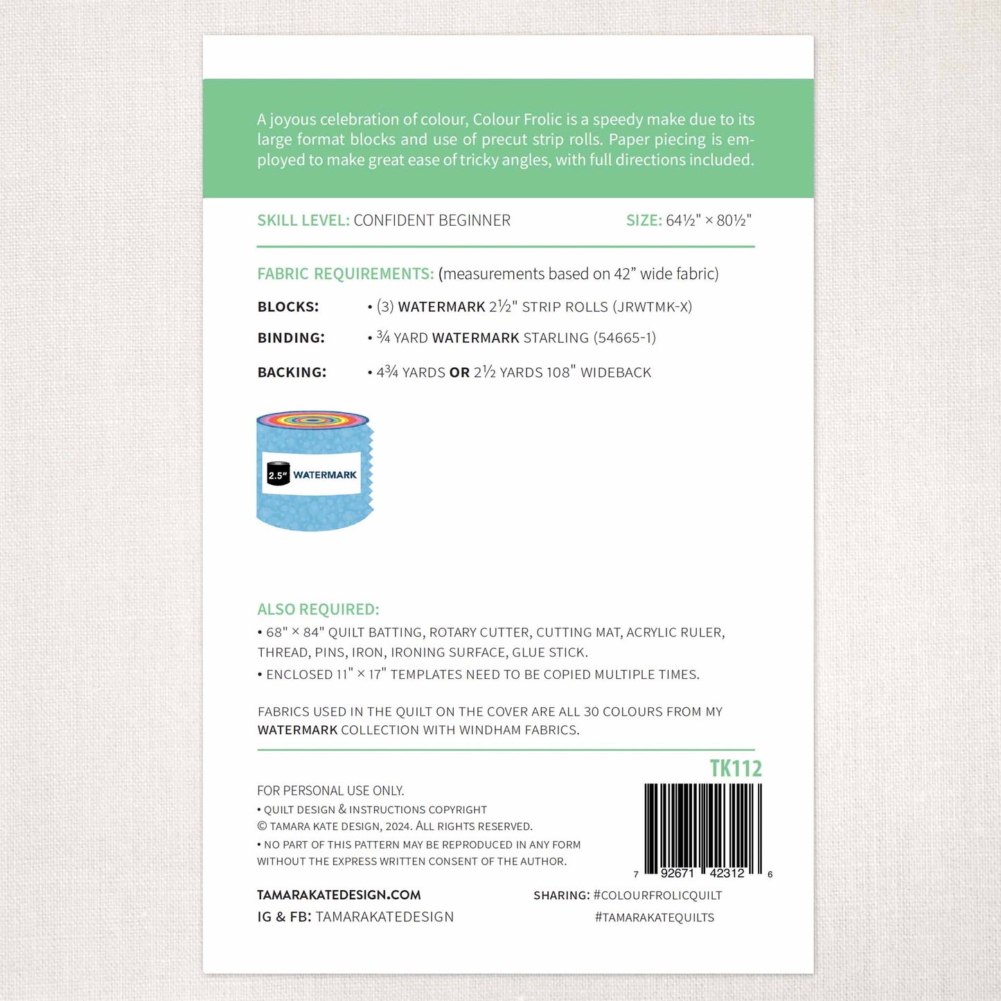 Back cover of a fabric pattern book with text and a barcode on a light gray background