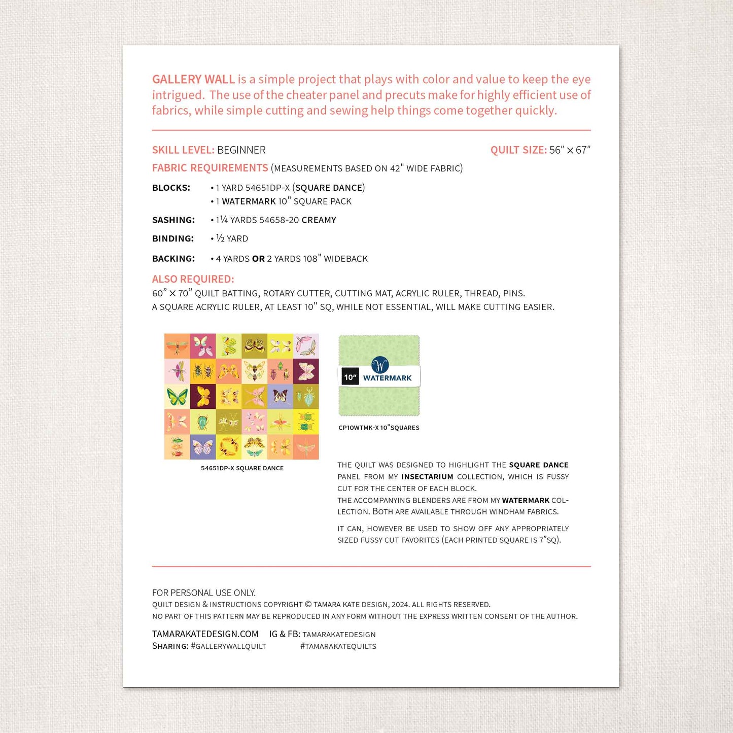 quilt pattern back with an insect fabric panel and description and yardage list