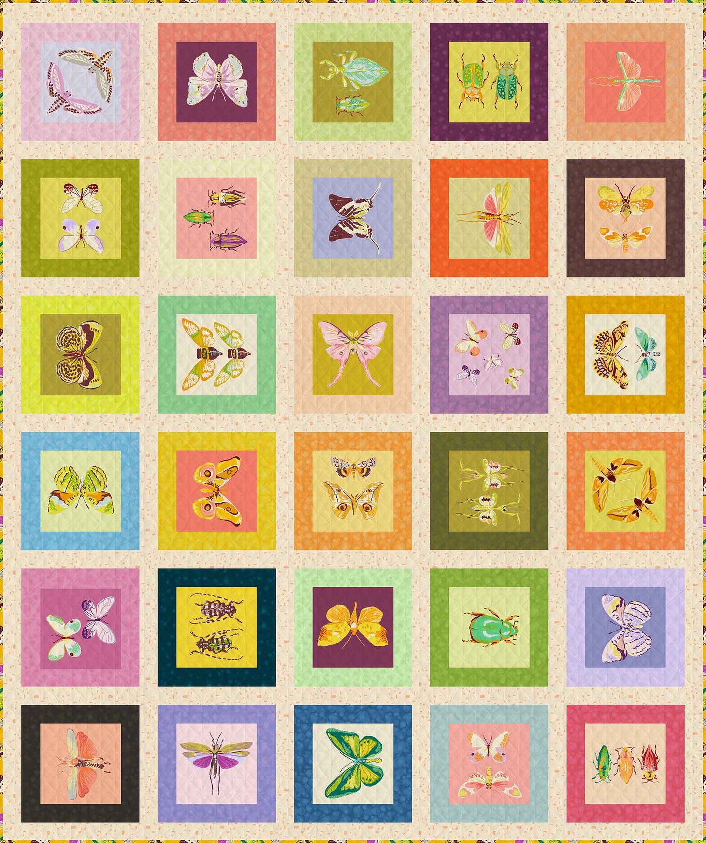 quilt with large square blocks of insects on colourful grounds