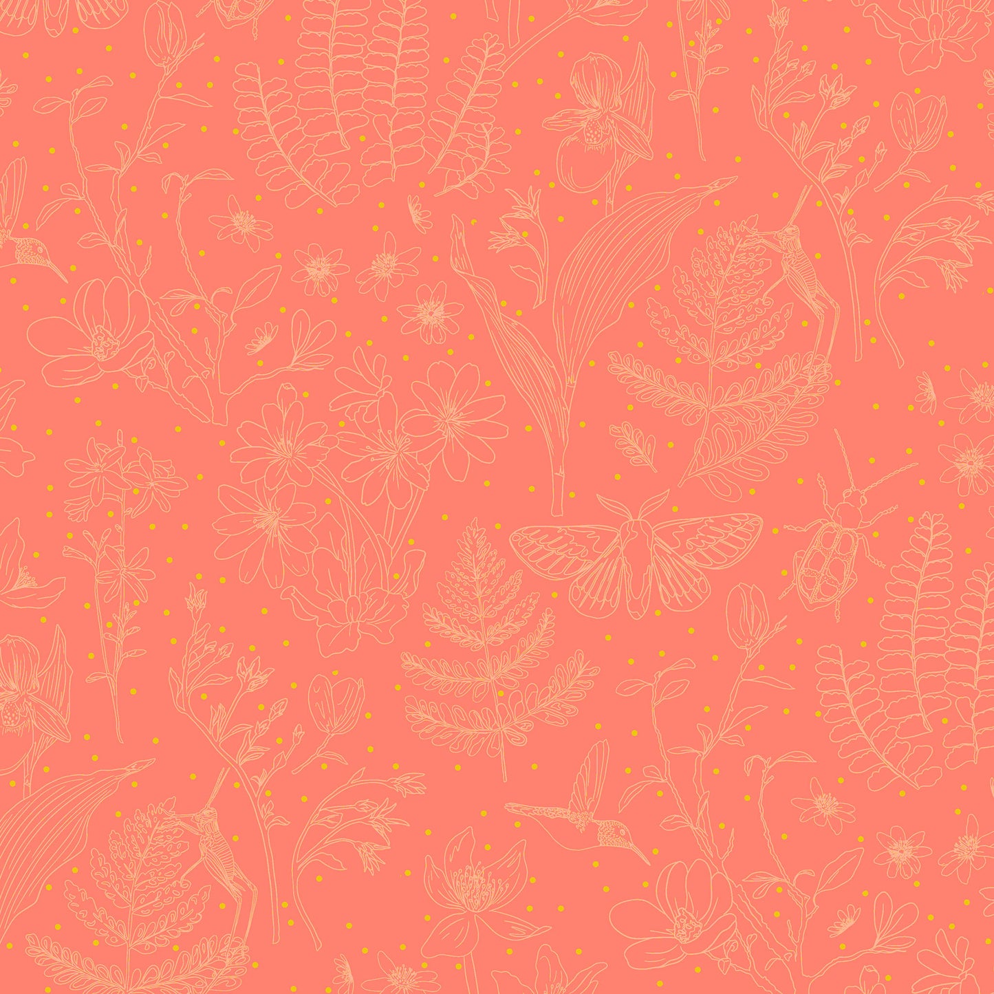 line drawn garden elements in cream on a coral ground with tiny yellow dots, printed on fabric