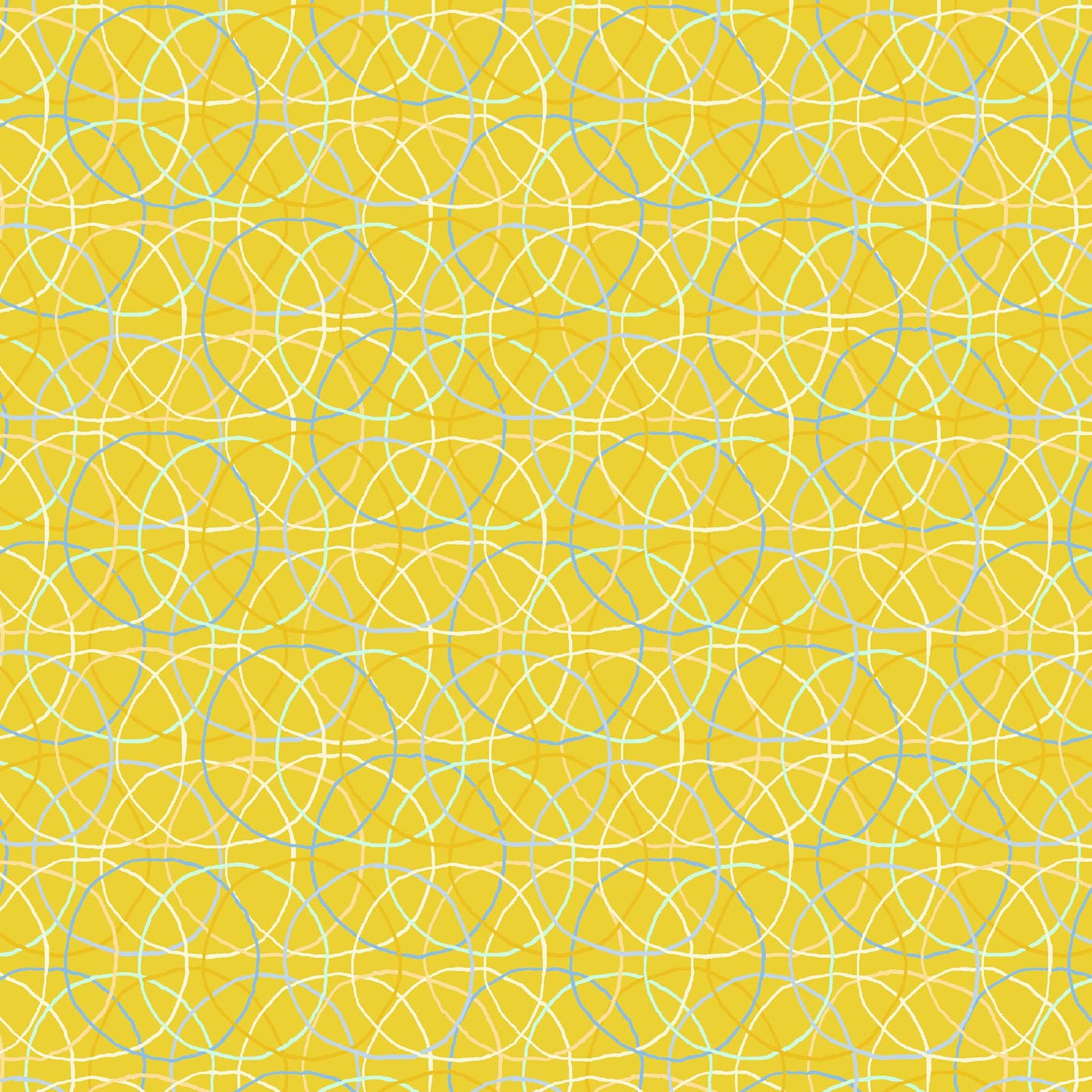 blue, cream and yellow rings in an overlapping pattern on a yellow ground, printed on fabric