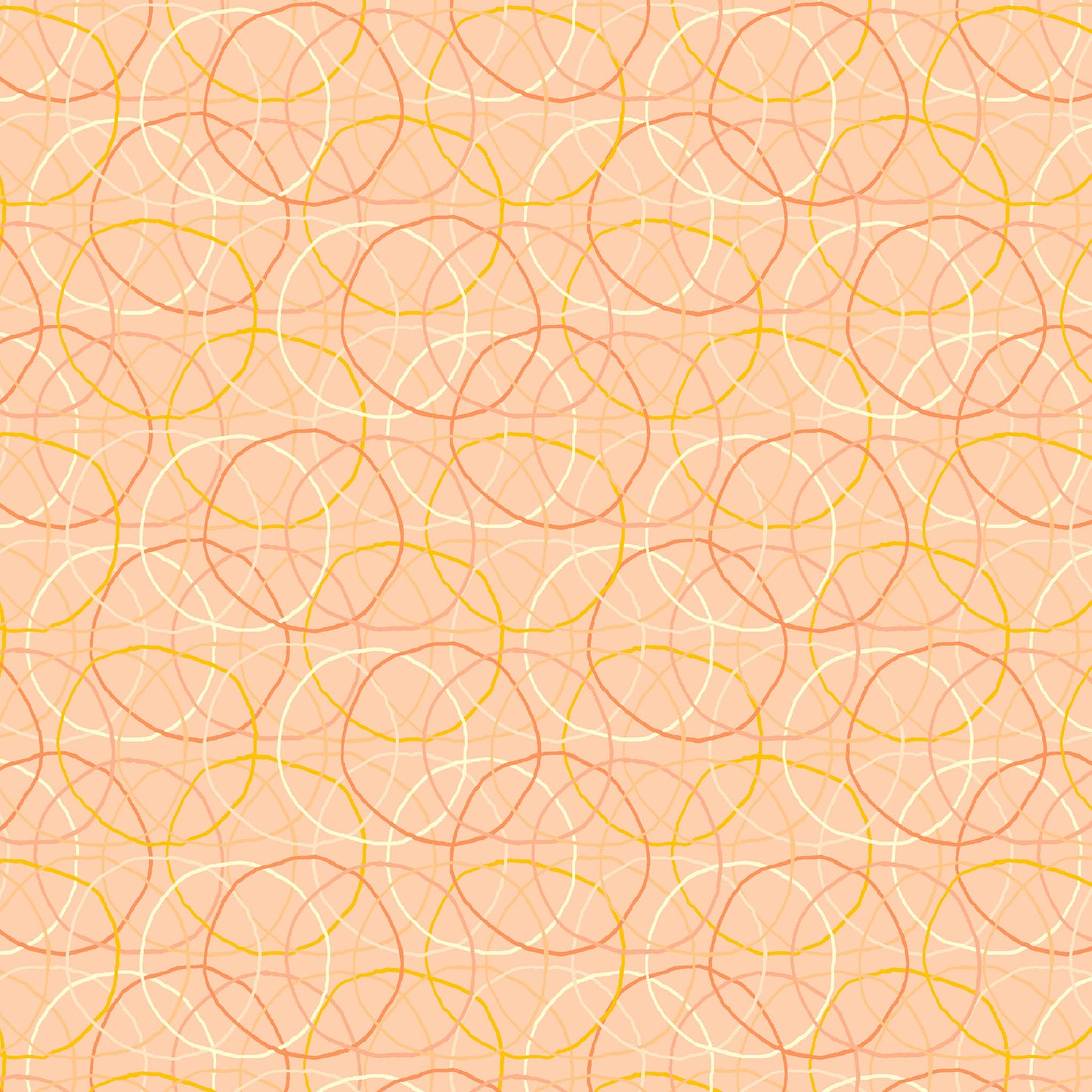 coral, cream and yellow rings in an overlapping pattern on a light pink ground, printed on fabric