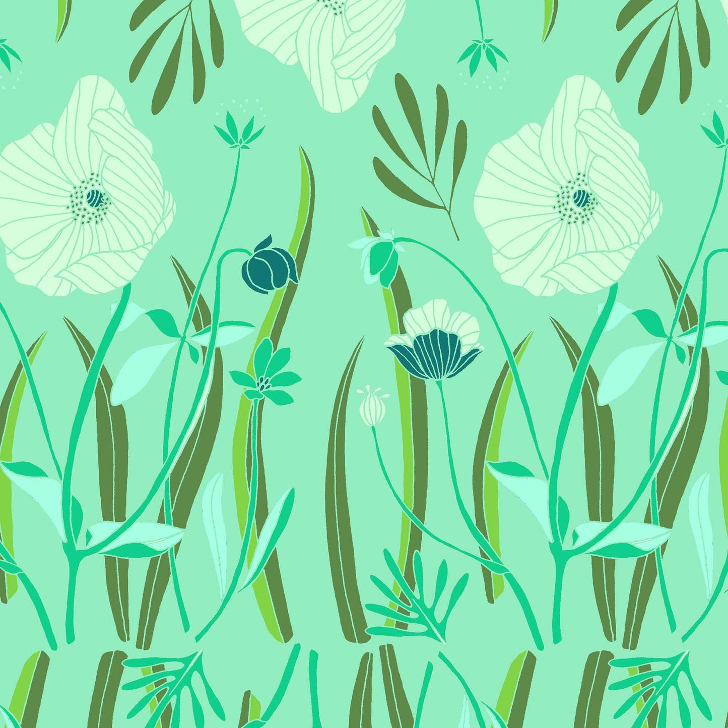 fabric with an aqua ground showing large cream poppies with olive coloured leaves