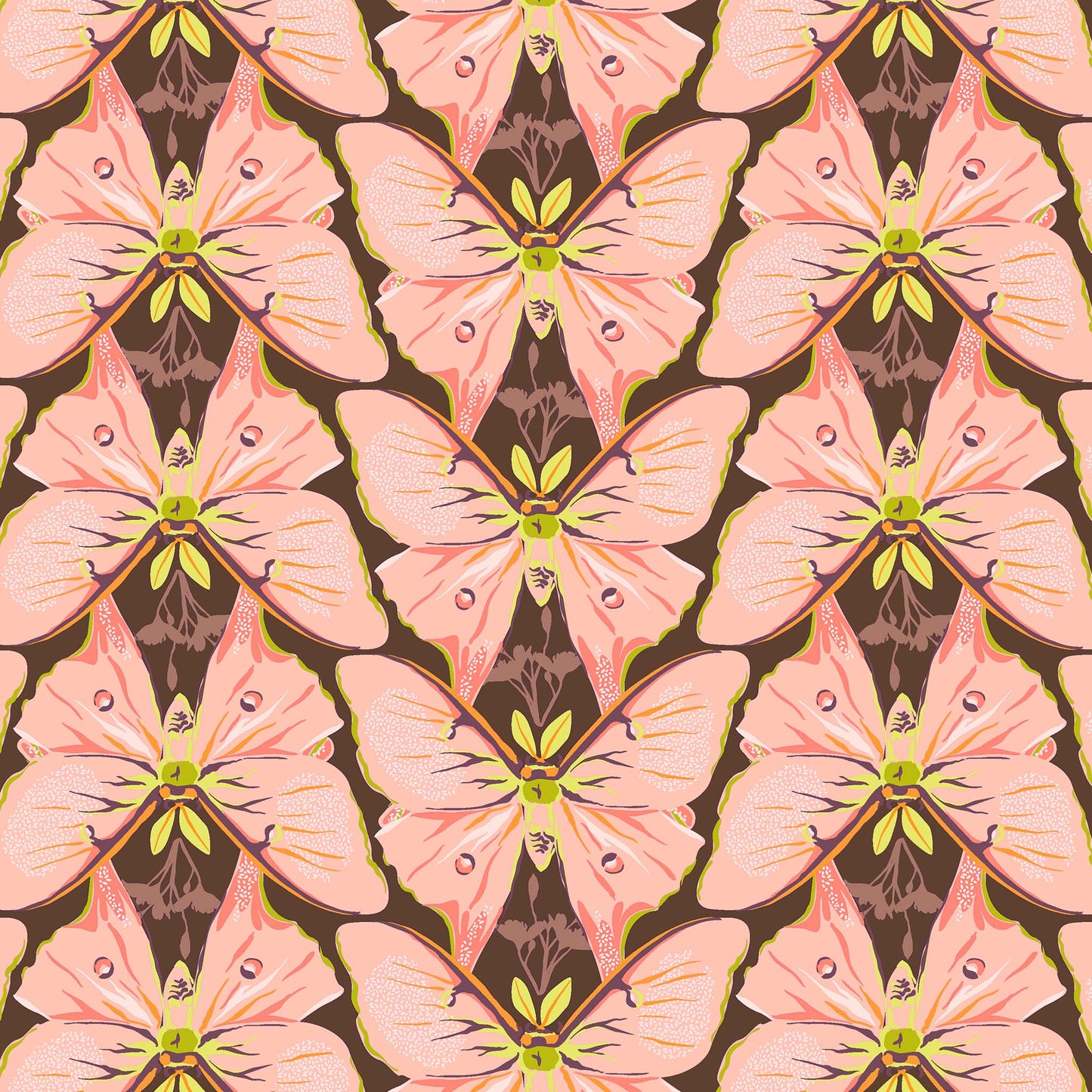 illustrated soft salmon-pink coloured luna moths in repeating rows with bright green antennae on a dark brown ground, printed on fabric