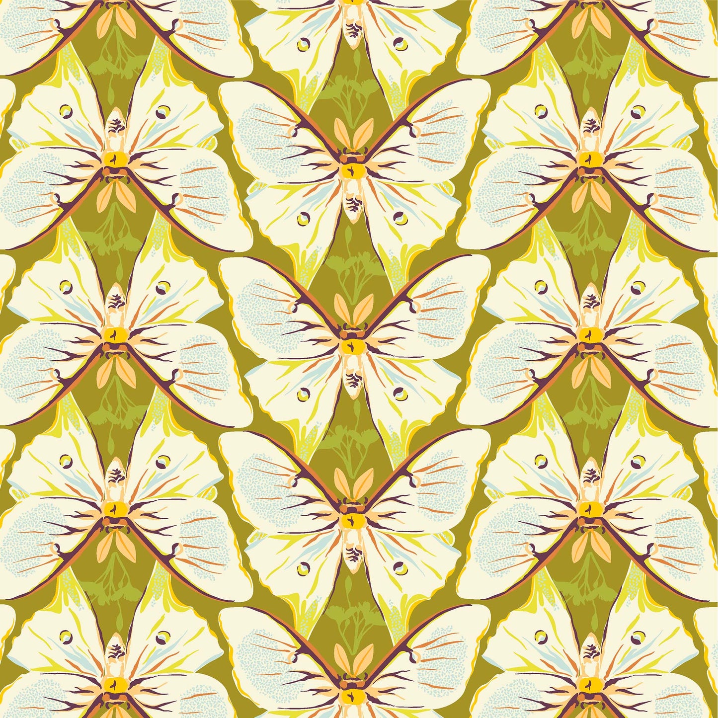 illustrated cream coloured luna moths in repeating rows with soft orange antennae on a medium olive ground, printed on fabric