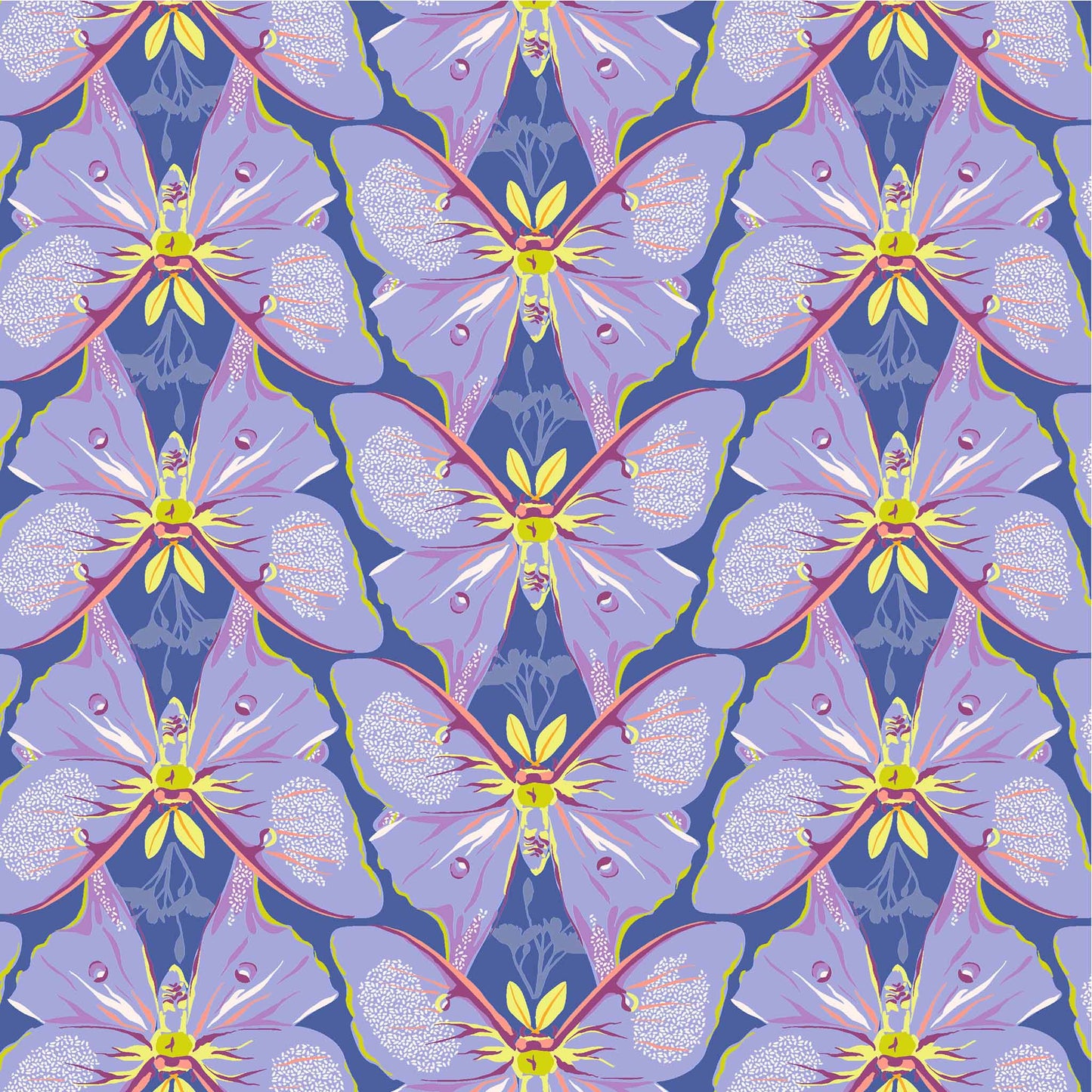illustrated soft lavender coloured luna moths in repeating rows with bright green antennae on a rich purple-blue ground, printed on fabric