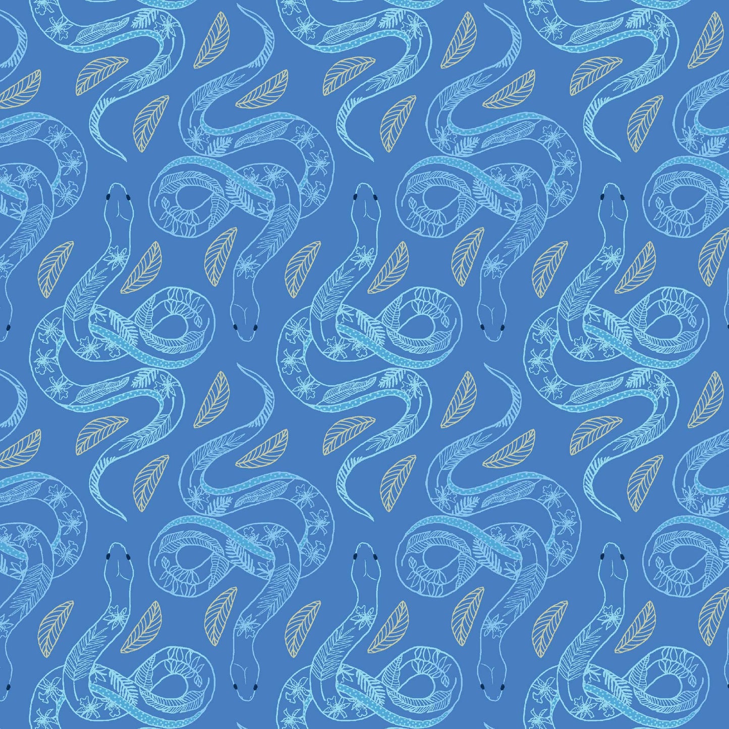 line drawn snakes in a repeat pattern with leaf patterns on their backs in light blue on a bold blue ground, printed on fabric