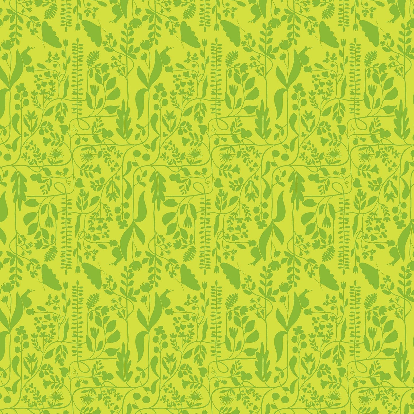 two tone repeat pattern of green vines and butterflies on a bright green ground, printed on fabric