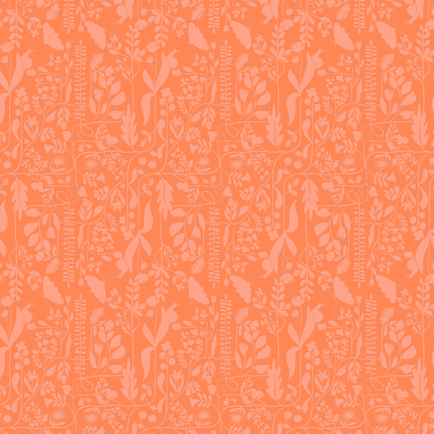 two tone repeat pattern of light coral vines and butterflies on a bcoral ground, printed on fabric