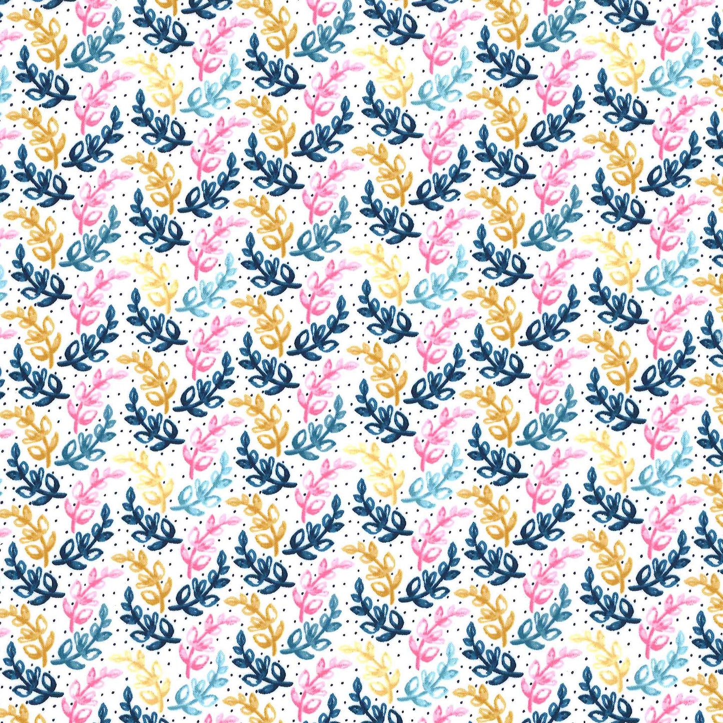 fabric with little inky-blue, pink and gold watercolour curved branches with leaves on white ground