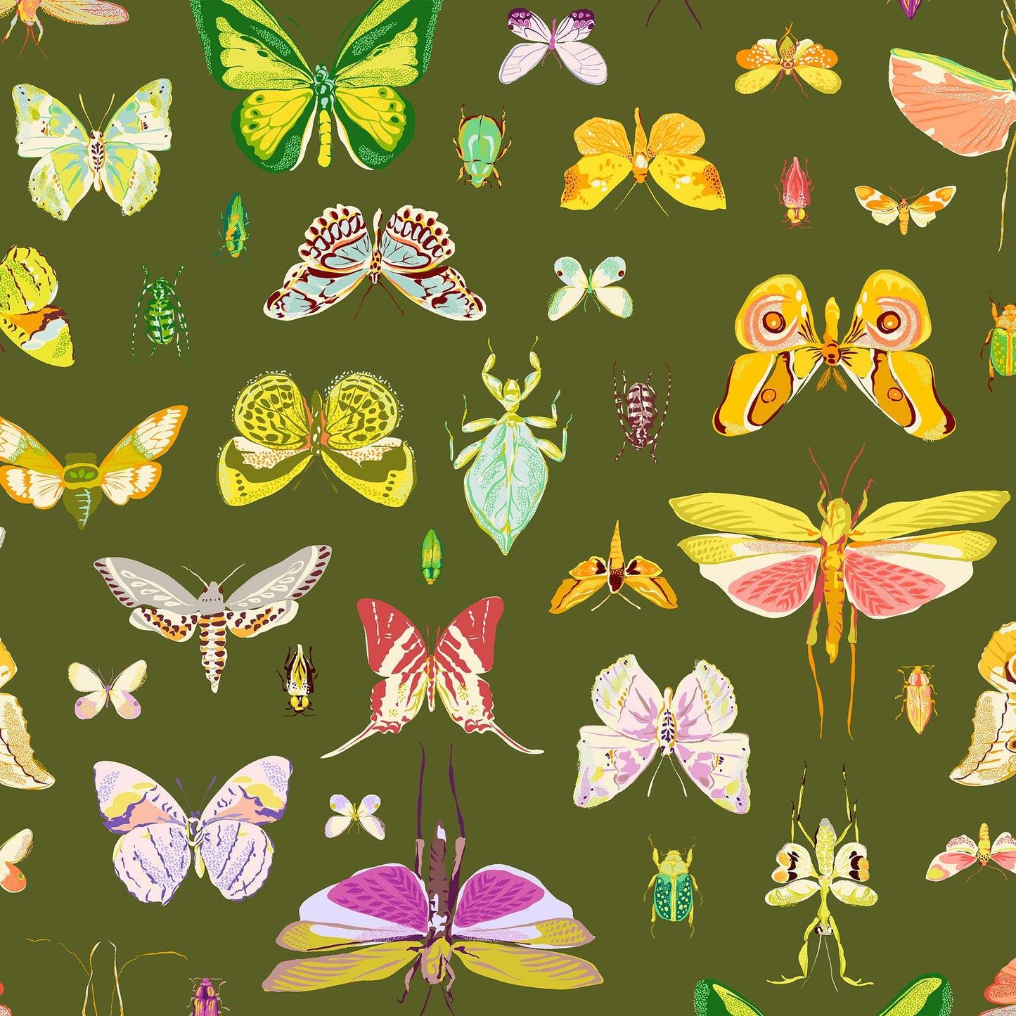 illustrations of butterflies, beetles and other insects in greens, purples, coral, grey and gold on a dark olive ground, printed on fabric