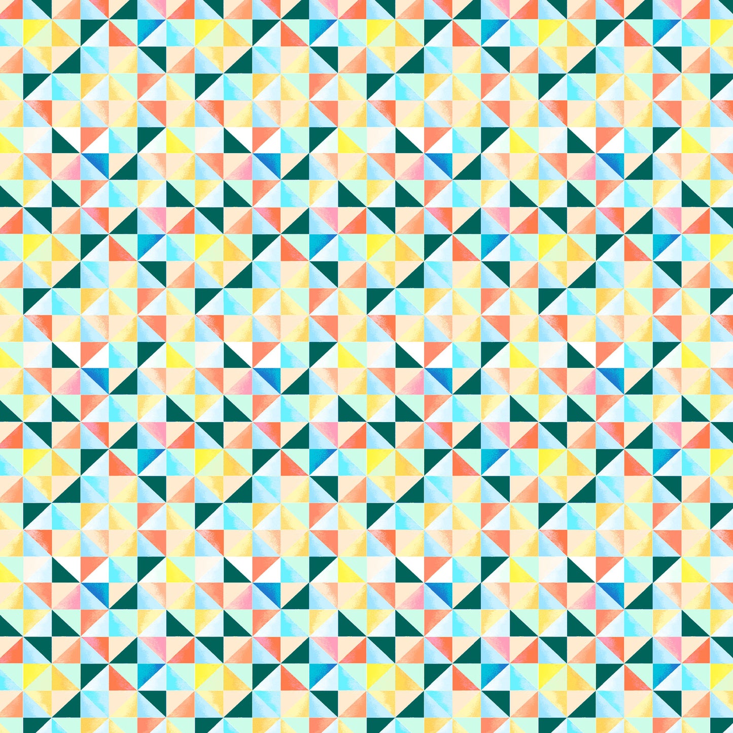 little watercolour triangles in rows in yellows, blues, turquoise and coral, resembling a quilt, printed on fabric
