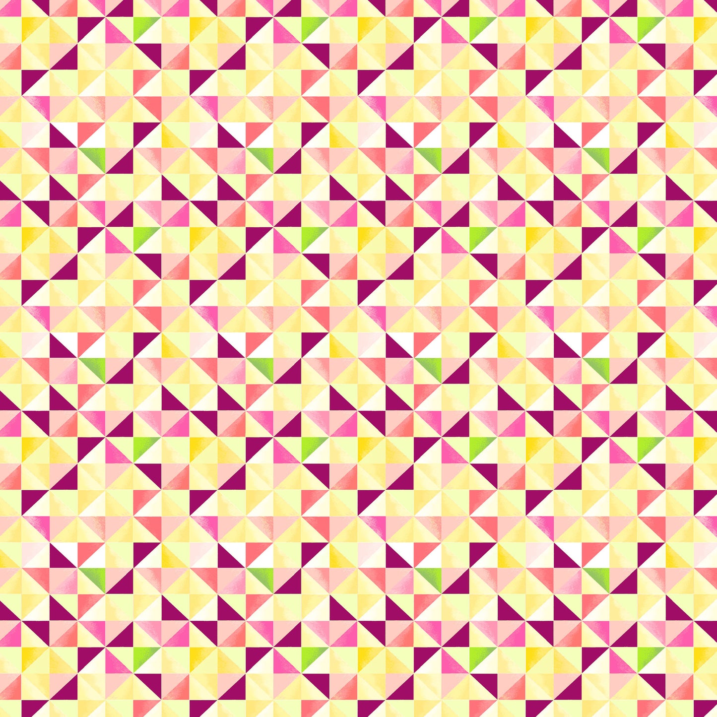 little watercolour triangles in rows in yellows, pinks, purples and green, resembling a quilt, printed on fabric