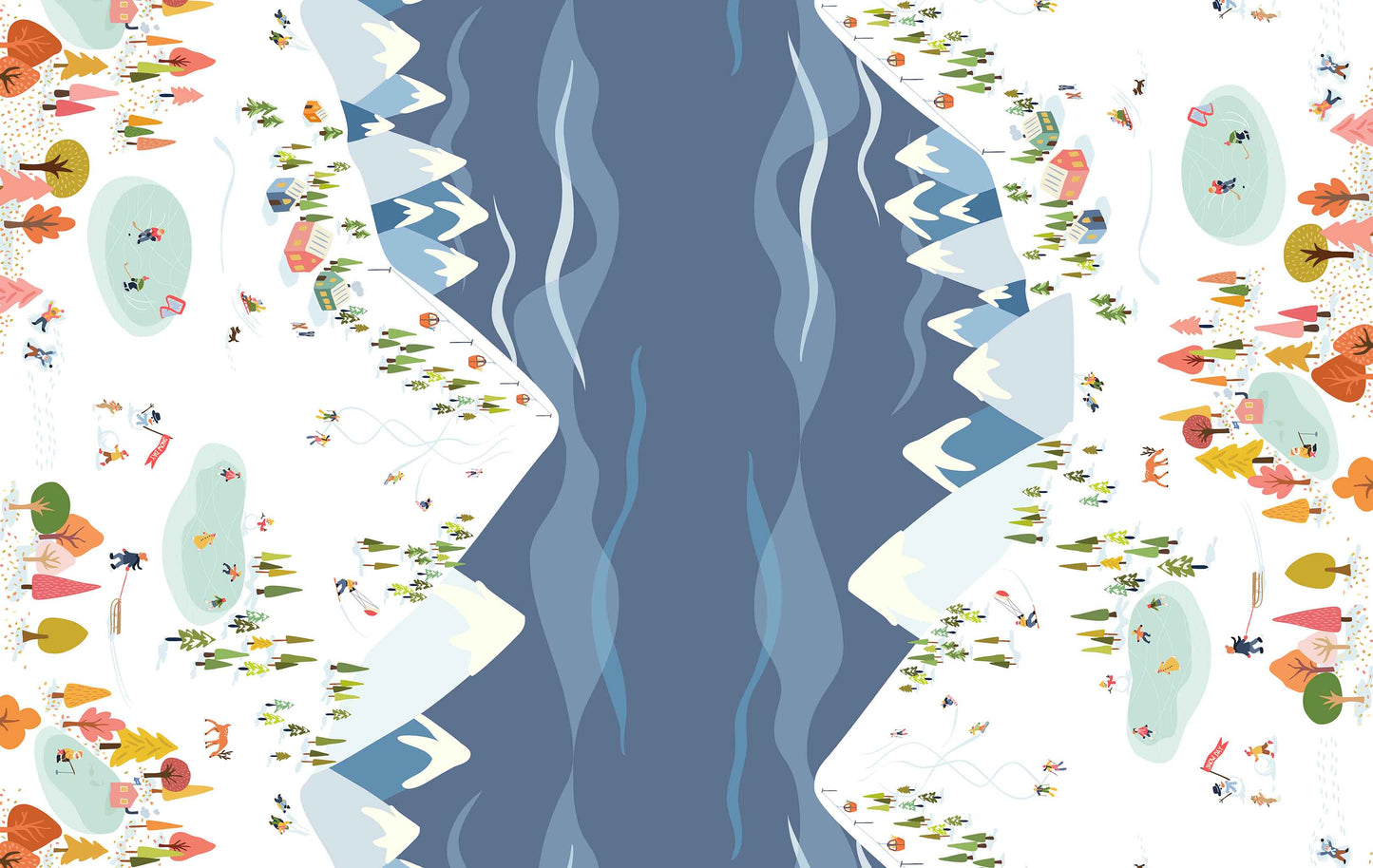 Design of snowy mountains with trees and blue sky and a village ski scene