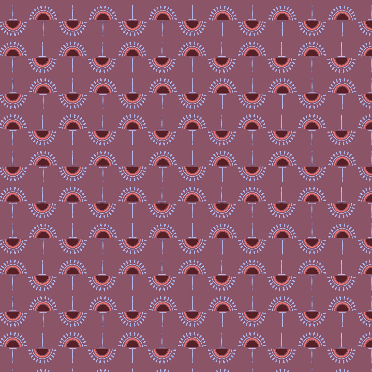 stylized flowers in lilac and coral in straight lines on a dusty purple ground, printed on fabric