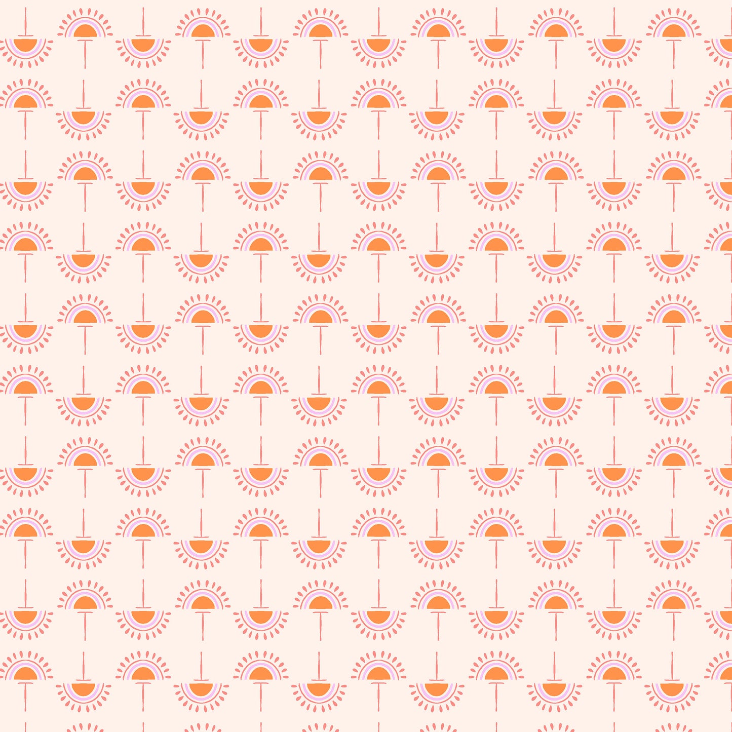 stylized flowers in orange and pink in straight lines on a creamy pink ground, printed on fabric