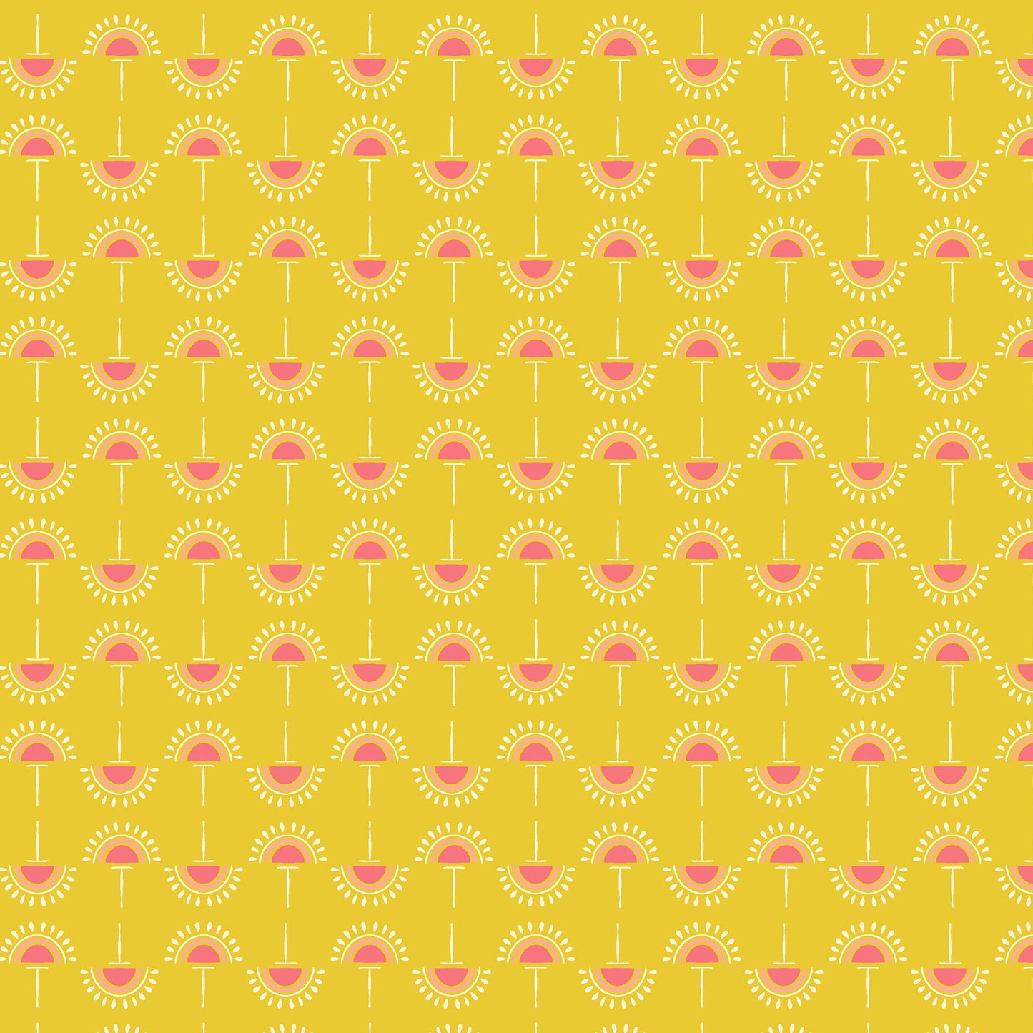 stylized flowers in coral and cream in straight lines on a bright yellow ground, printed on fabric