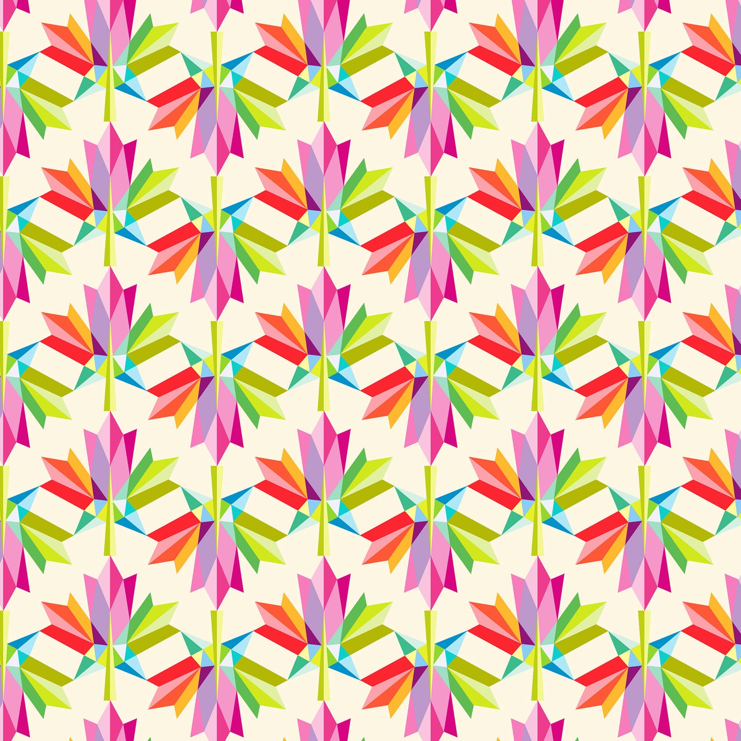 rainbow coloured maple leaves in a geometric layout on a cream ground, printed on fabric