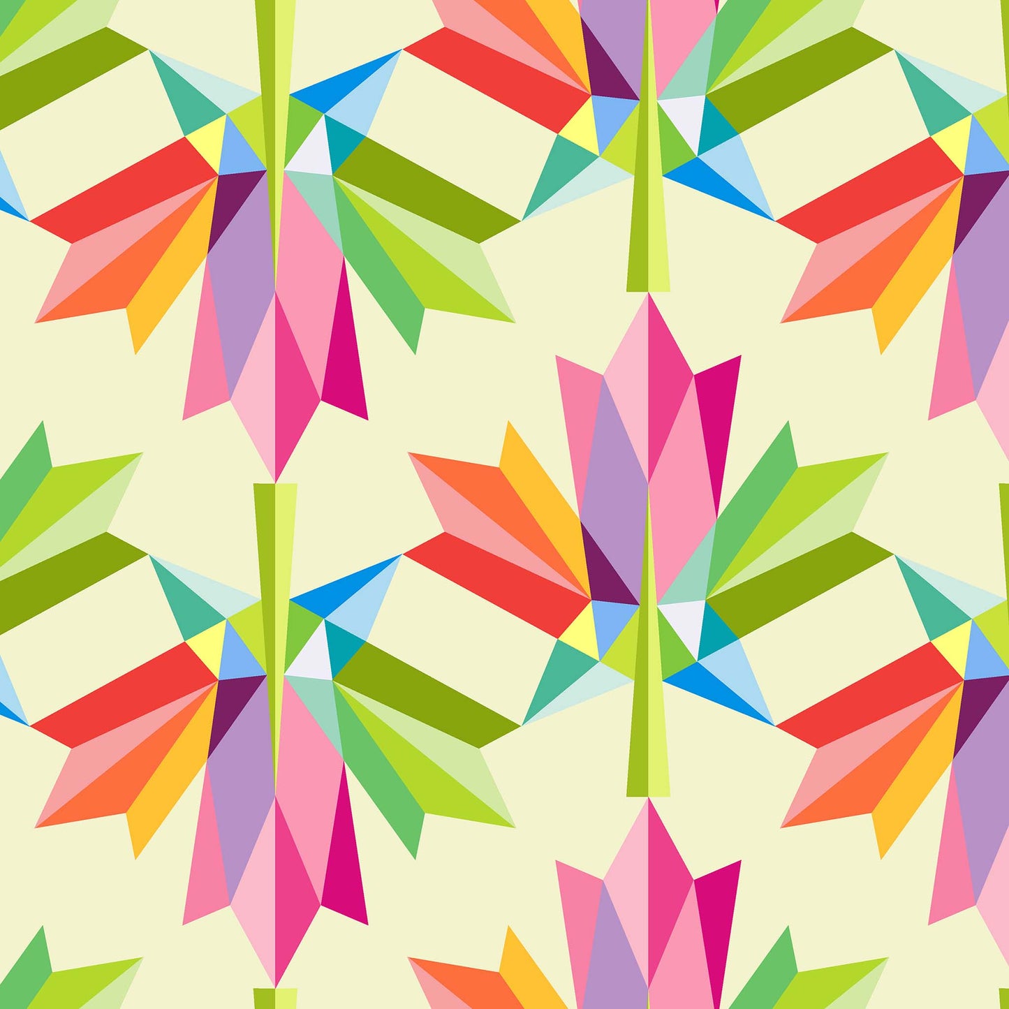 fabric of large multicolour geometric maple leaves on a cream ground