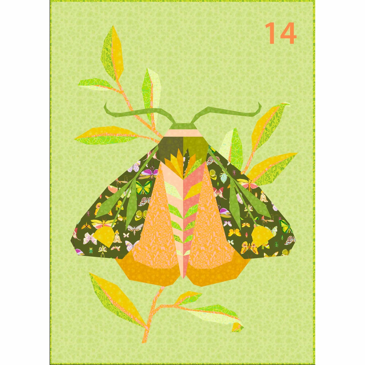quilt of a large moth in oranges and greens