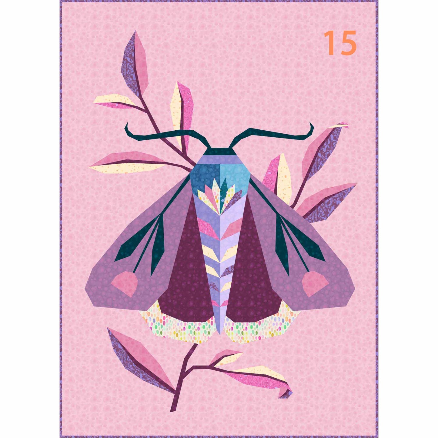 quilt of a large moth in pinks, and purples