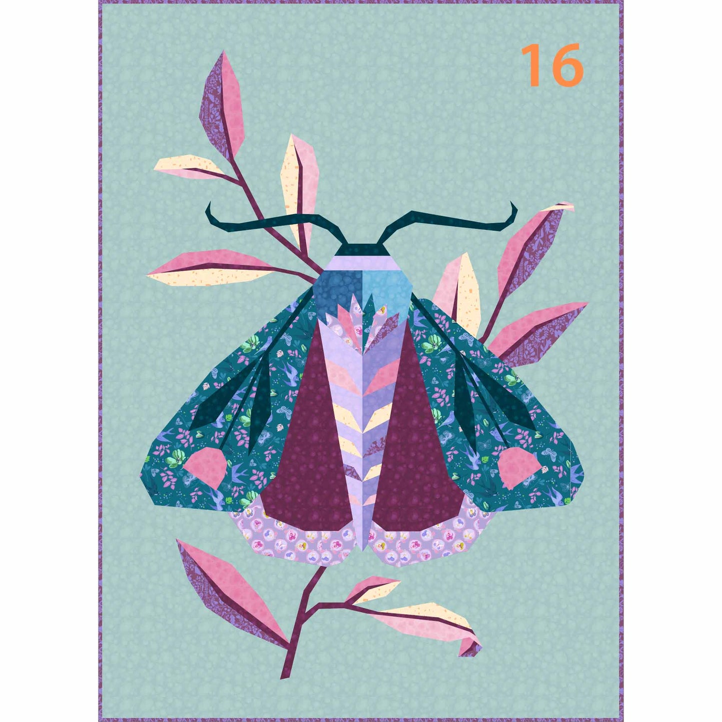 quilt of a large moth in blues and purples