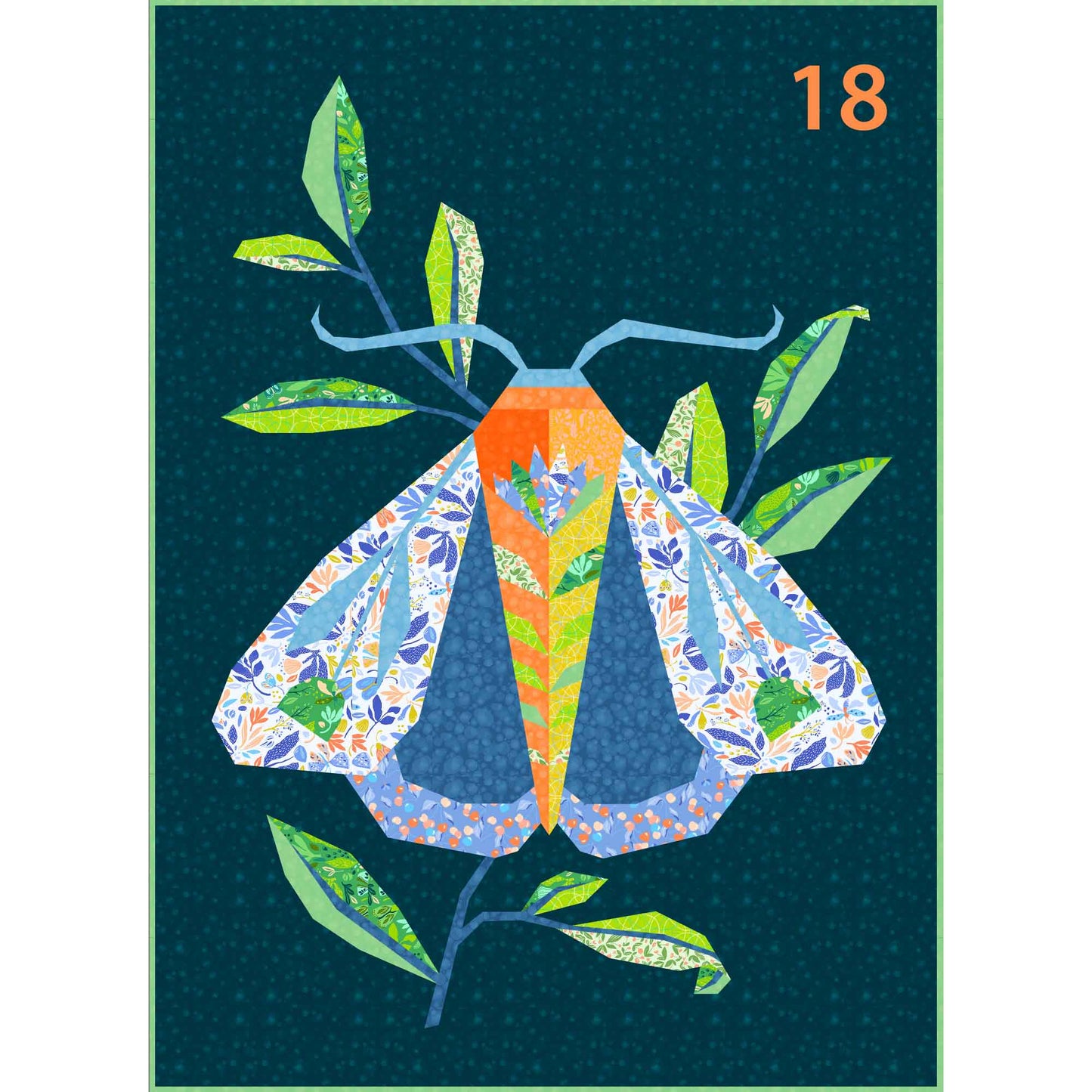quilt of a large moth in blues, greens and oranges
