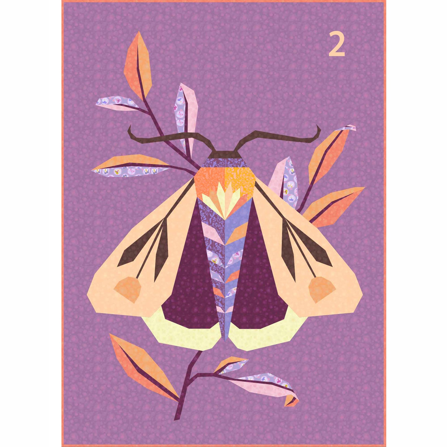 quilt of a large moth in oranges and purples