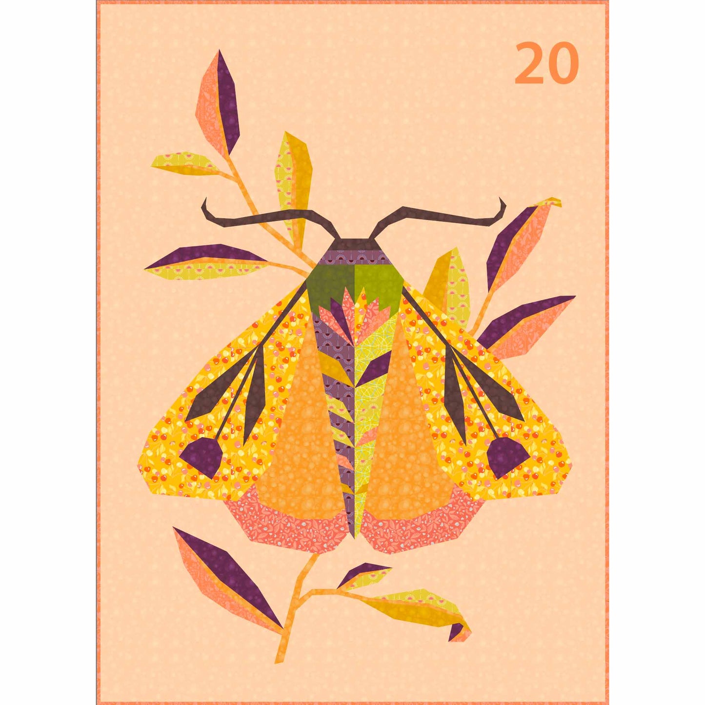 quilt of a large moth in oranges, yellows, purples and mahogany