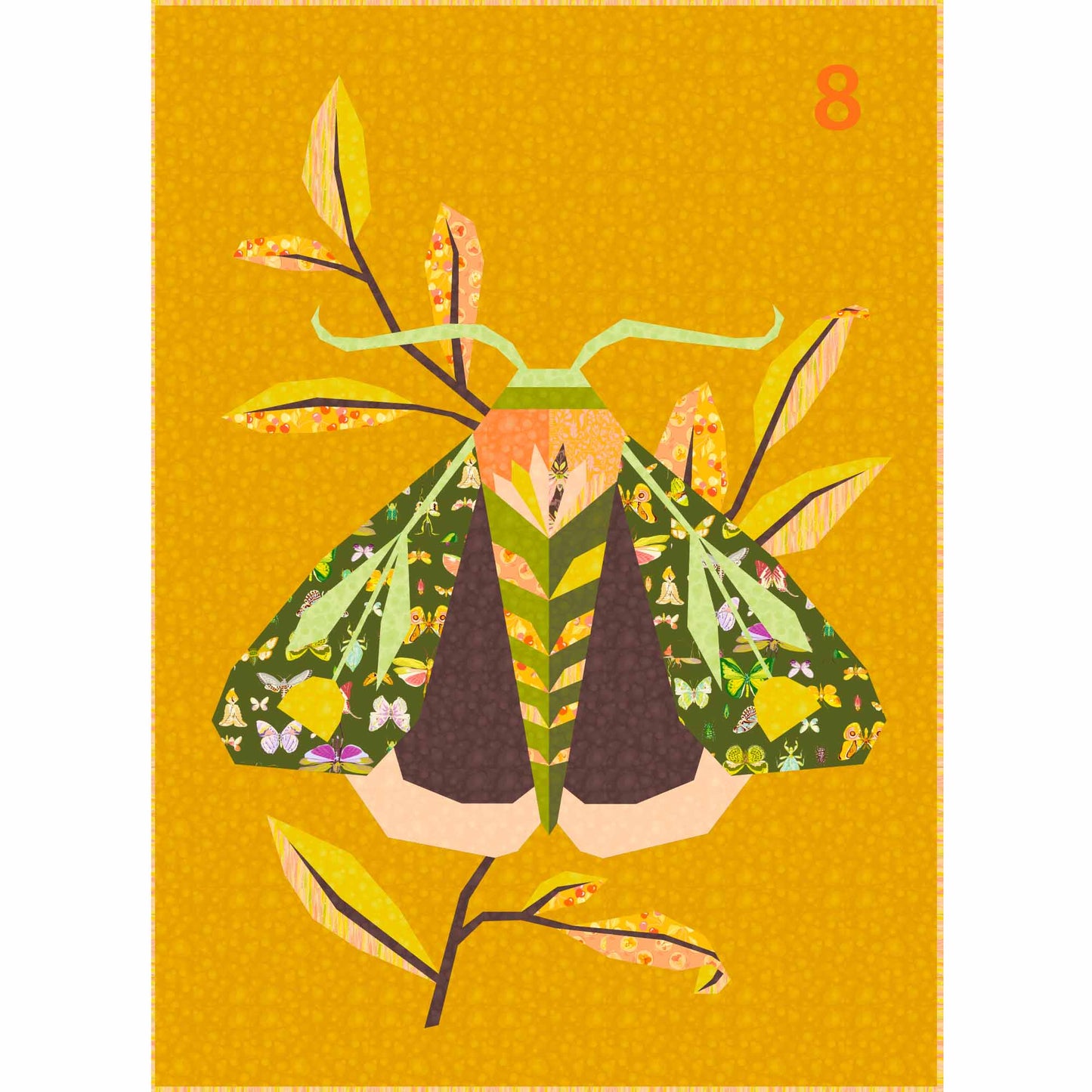 quilt of a large moth in golds, mahogany and greens
