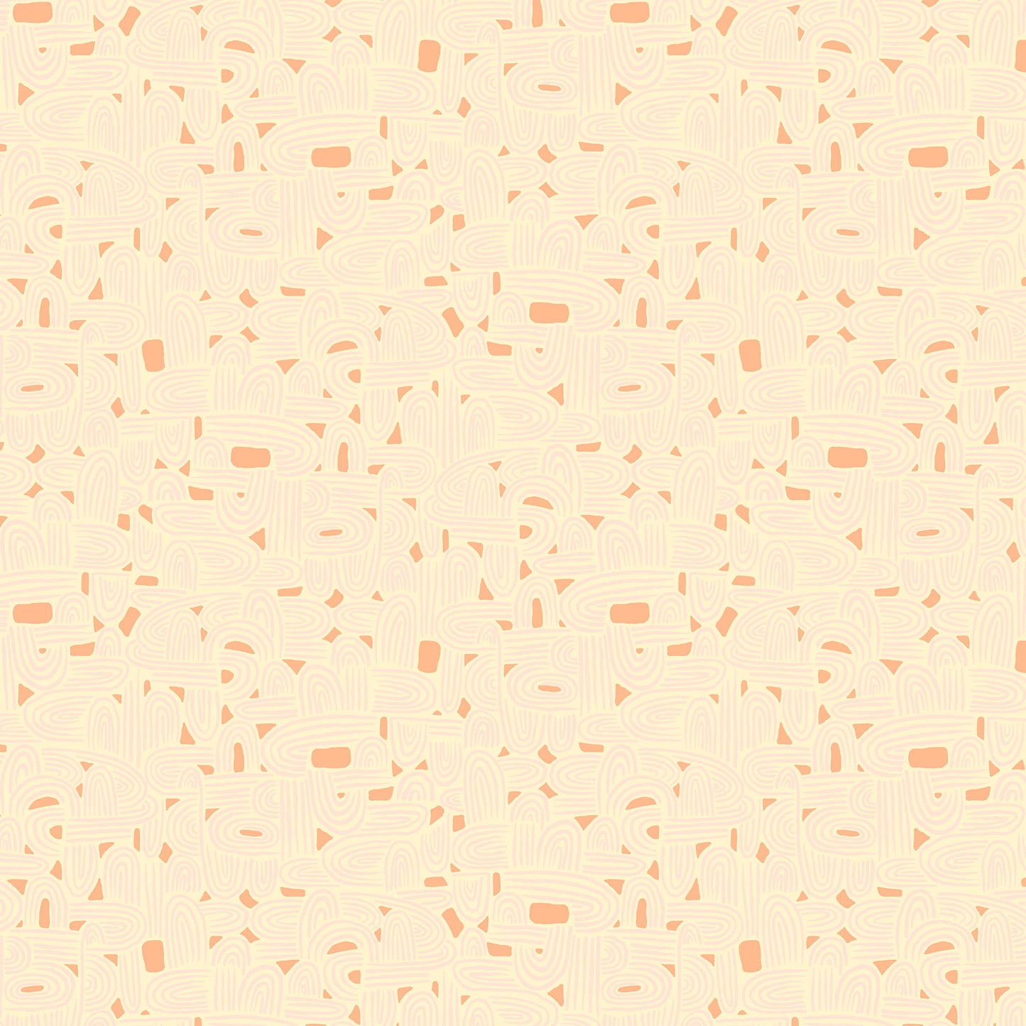 illustrated maze pattern in light pink and coral on a cream ground, printed on fabric