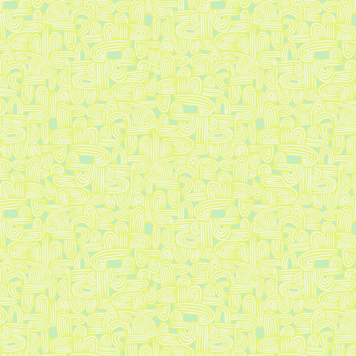 illustrated maze pattern in cream and aqua on a light green ground, printed on fabric