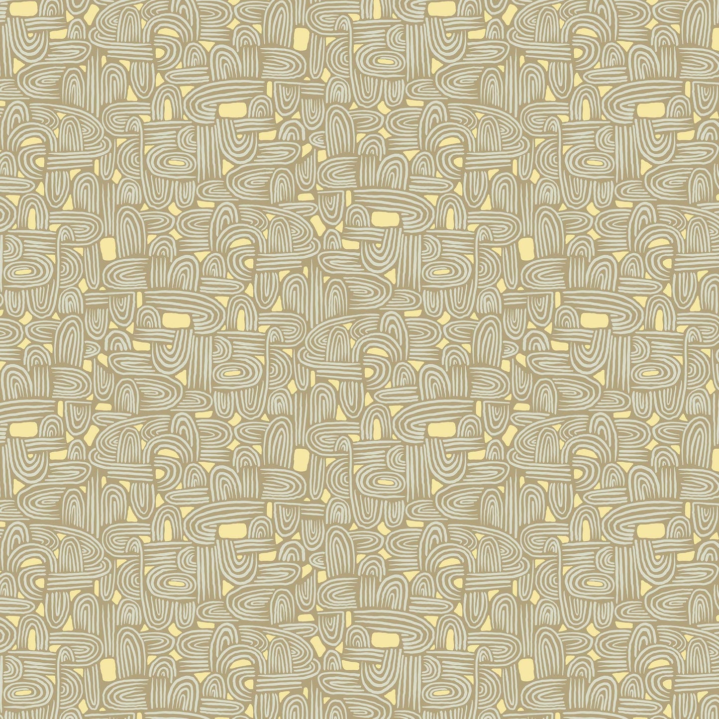 illustrated maze pattern in light grey and sand on a taupe ground, printed on fabric