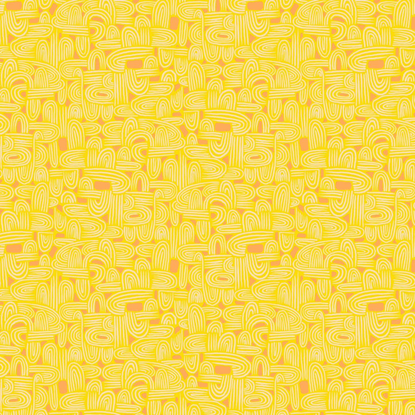 illustrated maze pattern in cream and coral on a yellow ground, printed on fabric