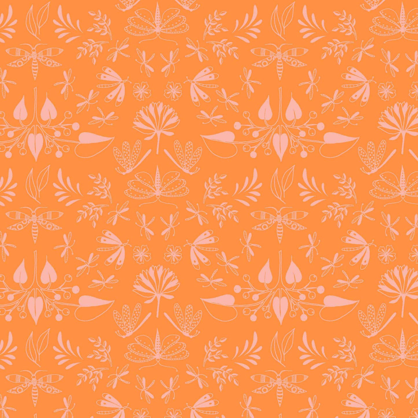 light pink illustrated flying insects in a symmetrical pattern on an orange ground, printed on fabric