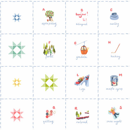 Grid with various icons and letters on a white background