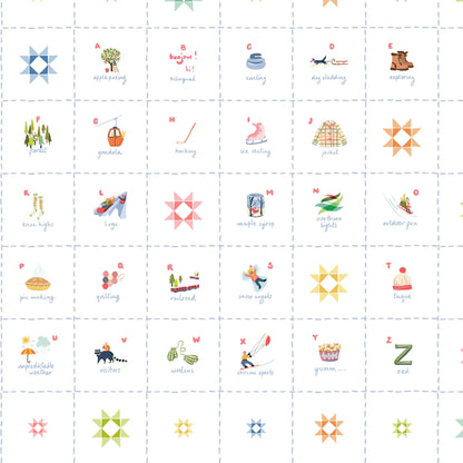 Alphabet chart with colorful illustrations and letters on a white background