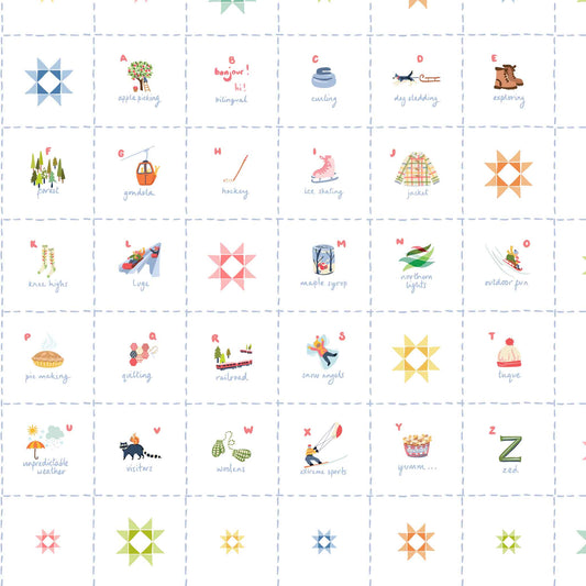 Alphabet chart with colorful illustrations and letters on a white background