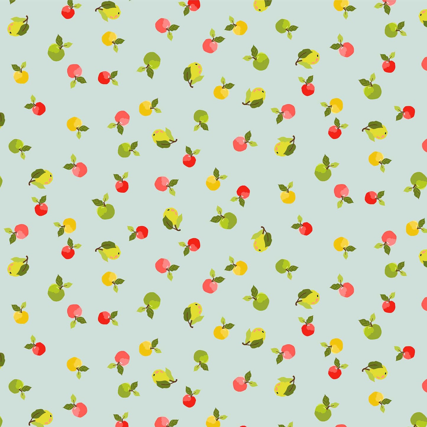 Pattern of small apples and pears on a light blue background