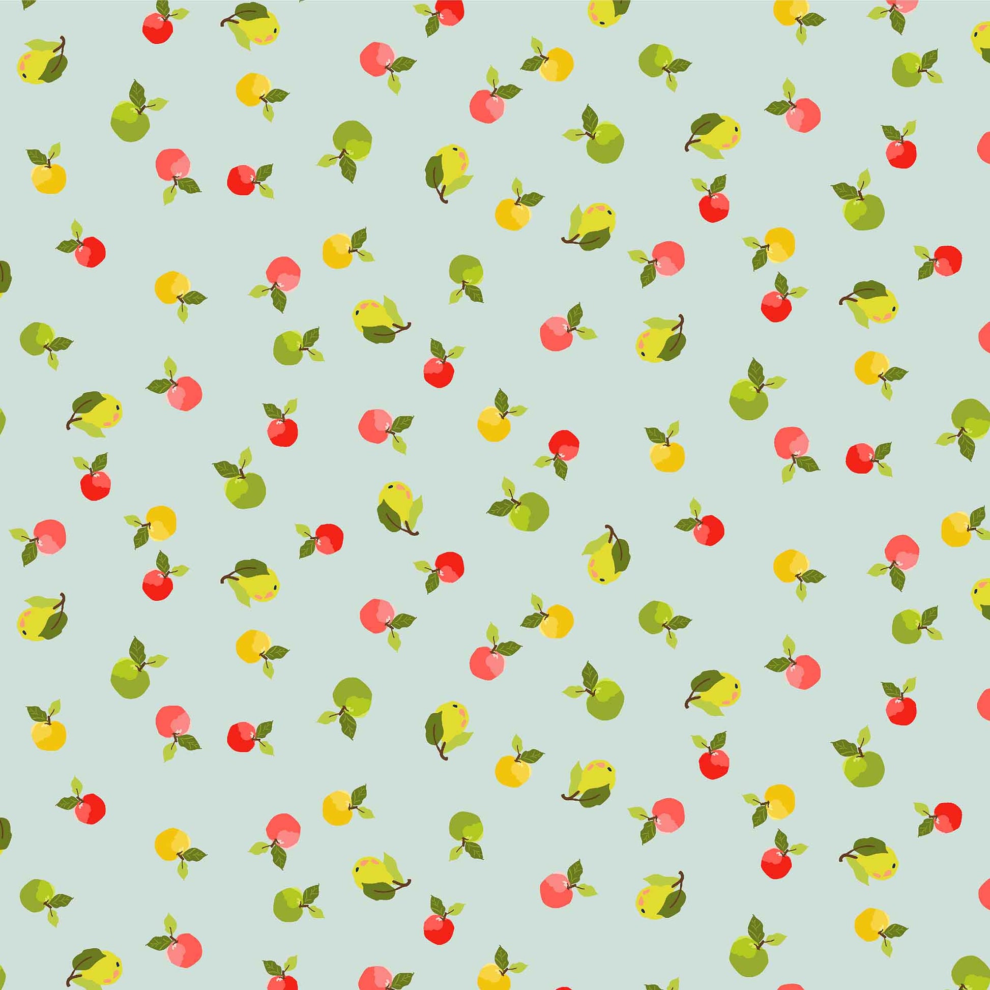 Pattern of small apples and pears on a light blue background