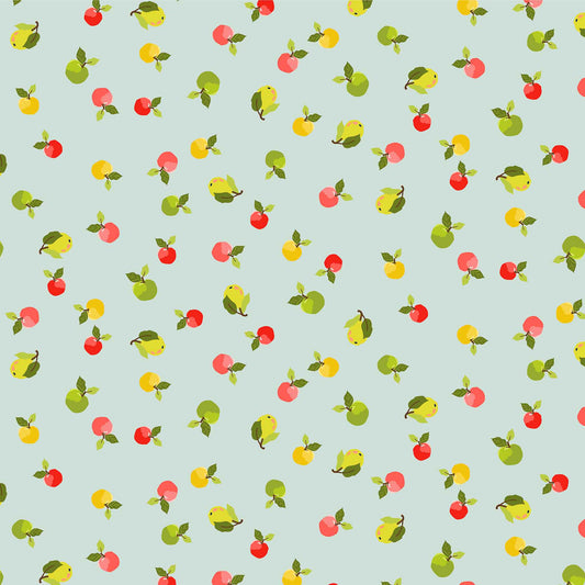 Pattern of small apples and pears on a light blue background