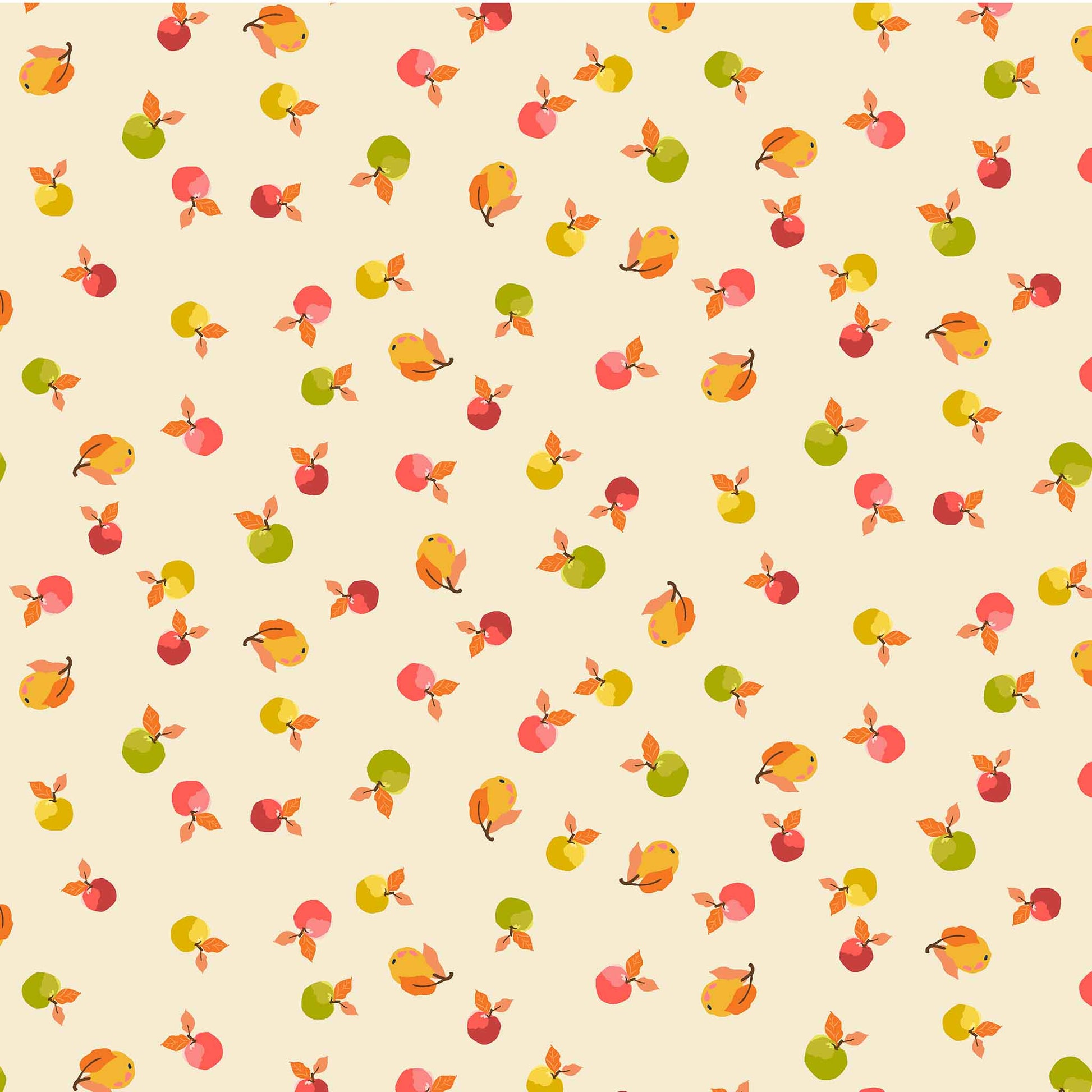 Pattern of small apples and pears on a cream background
